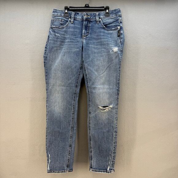 Silver Jeans Women's 26x27 (2) Blue Boyfriend Tapered Distressed Mid Rise - Picture 1 of 16